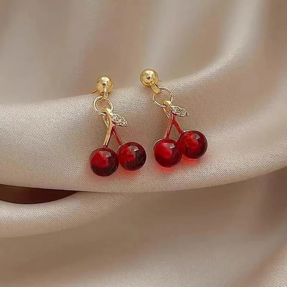 NEW Minimalist Gold Plated Wine Red Cherries Pendant Necklace/Earrings Set - Picture 6 of 13
